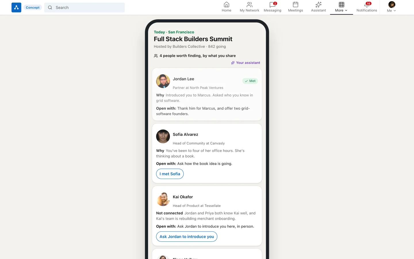 An event page section called Networking Pack listing attendees you both know, with suggested openers and buttons to connect or book coffee.