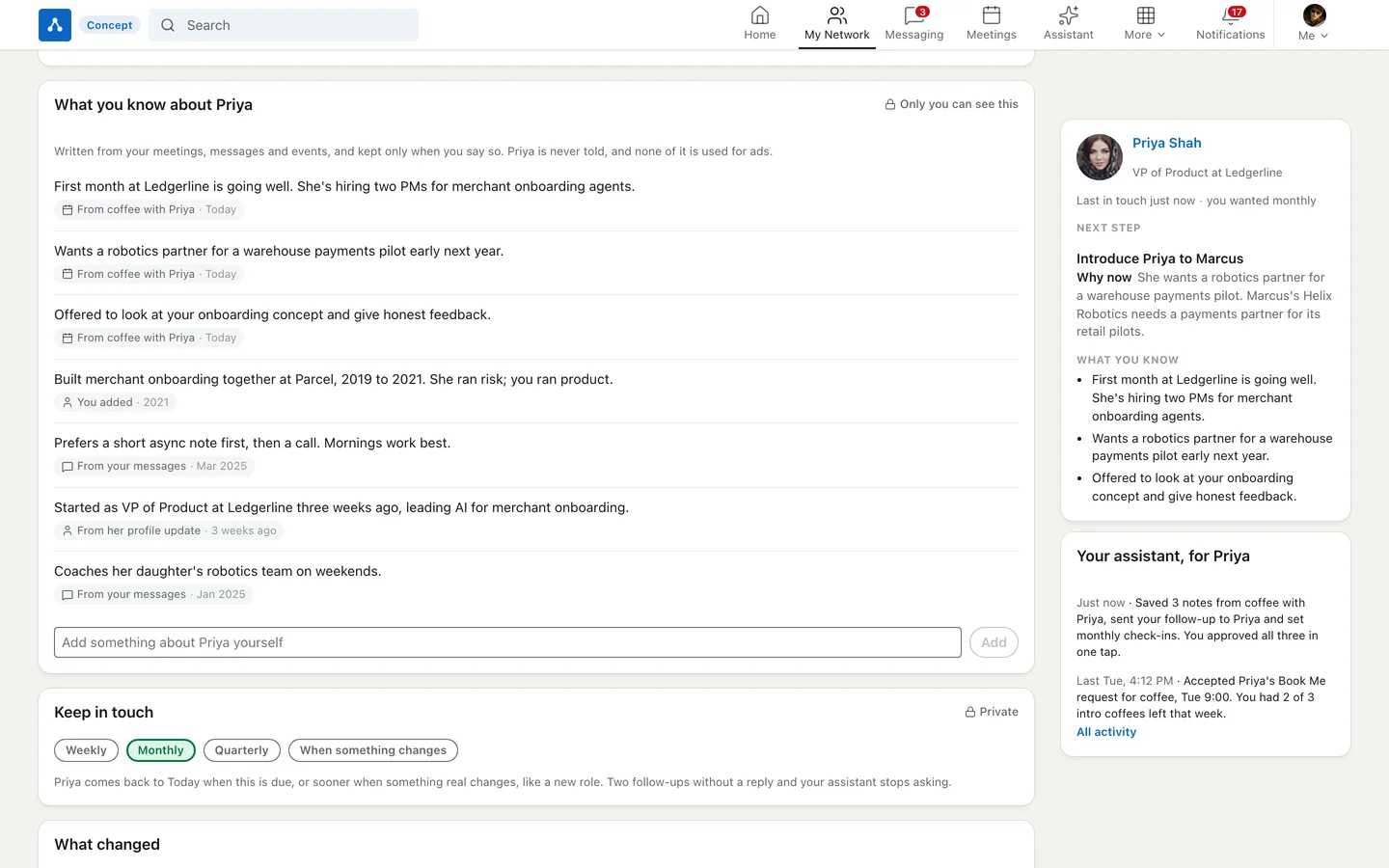A connection page showing private notes about Priya Shah, how you met, a keep-in-touch cadence and a relationship timeline.