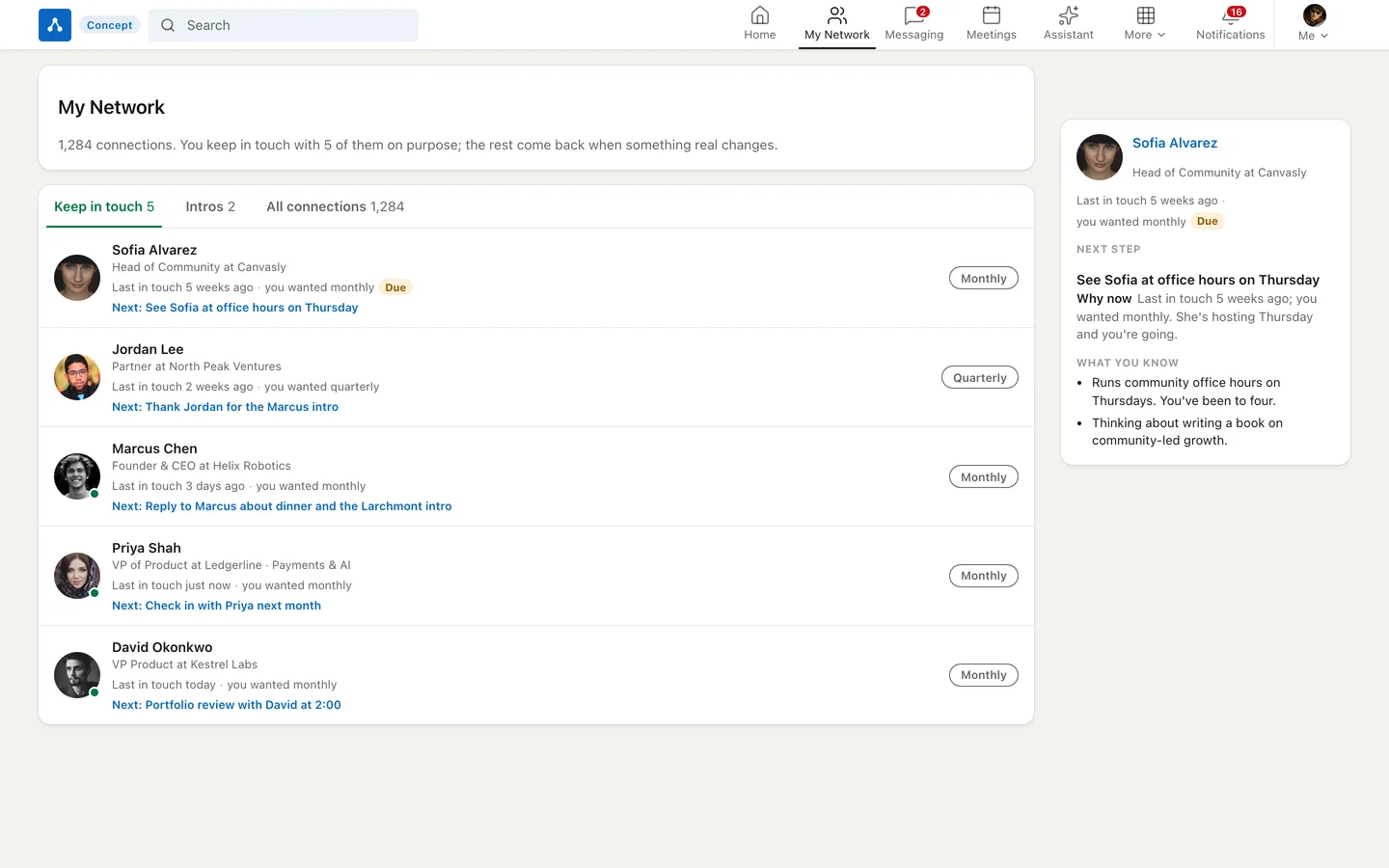 A My Network page with catch-up cards for people with recent job changes and funding news, each with a suggested next step.