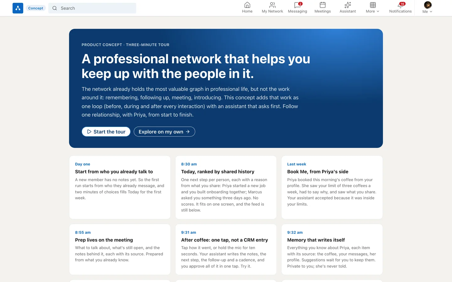 A tour introduction page titled A professional network that works like an operating system, with six cards for the stops of the day.