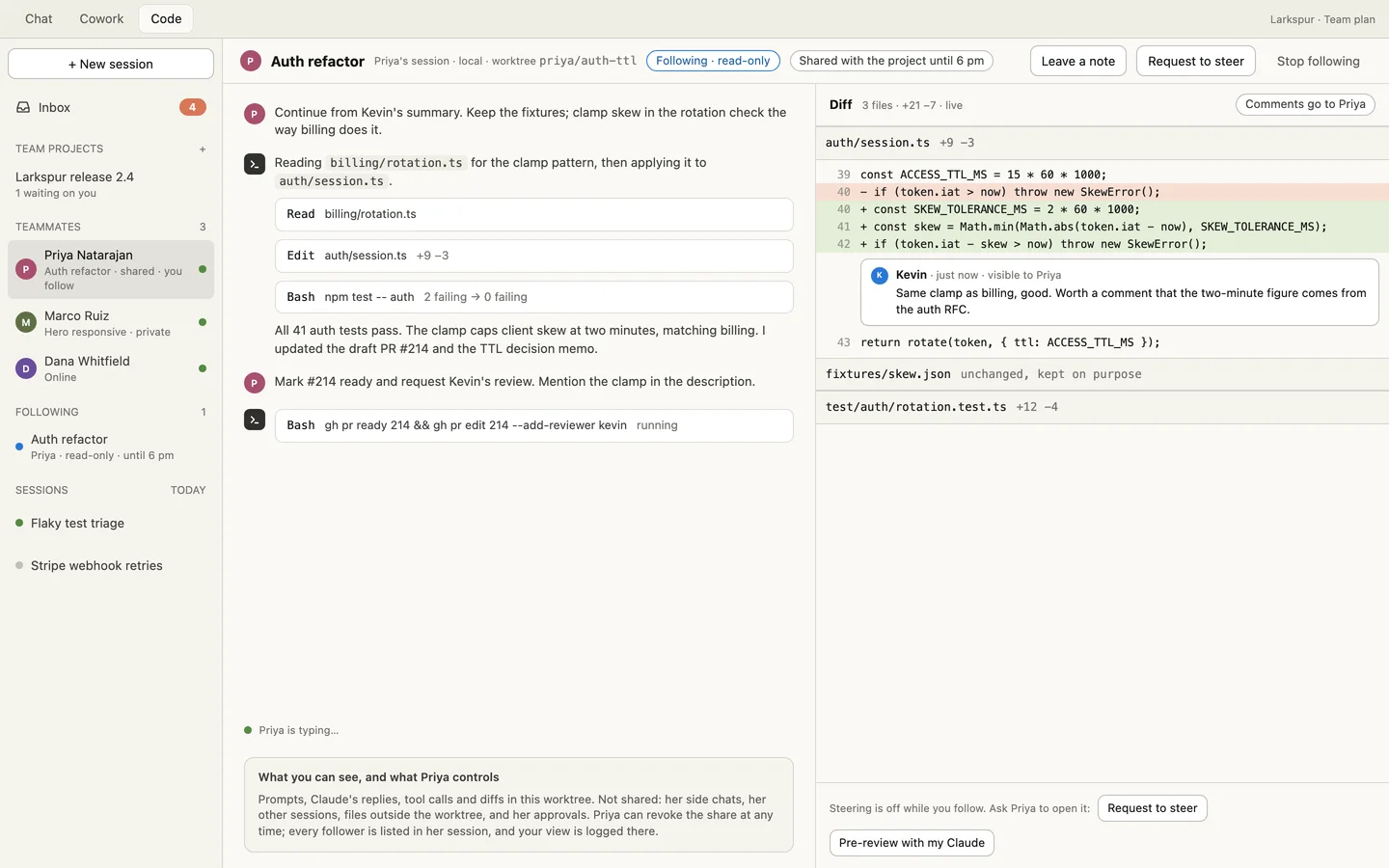 A teammate's shared session opened read-only, with the live transcript on the left and the diff with an inline comment on the right.