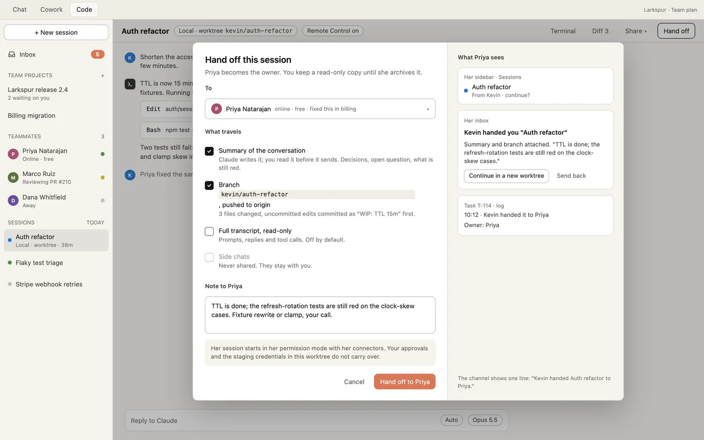 A hand off dialog over a Claude Code session, choosing what travels to the teammate, with a preview of what she sees in her sidebar and inbox.