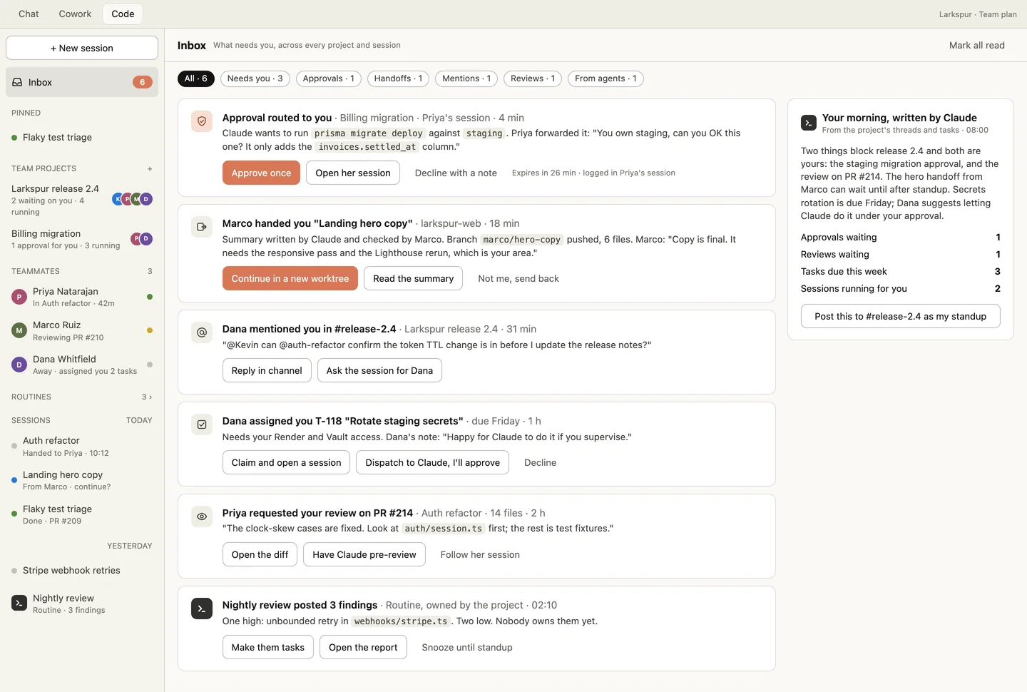 The Claude Code desktop sidebar with a new Inbox, team projects and teammates with presence, and an inbox of approvals, handoffs, mentions, task assignments and review requests.