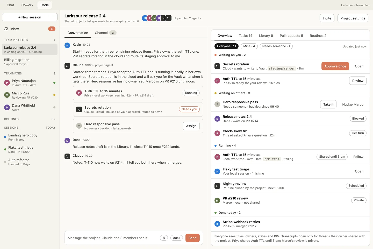 A shared project with four people and two agents: the project conversation on the left, and an Overview grouped into waiting on you, waiting on others, running and done.