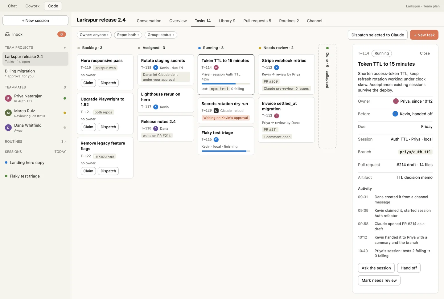 A task board with backlog, assigned, running and needs review columns, cards owned by people and by Claude, and a task detail panel with its activity log.