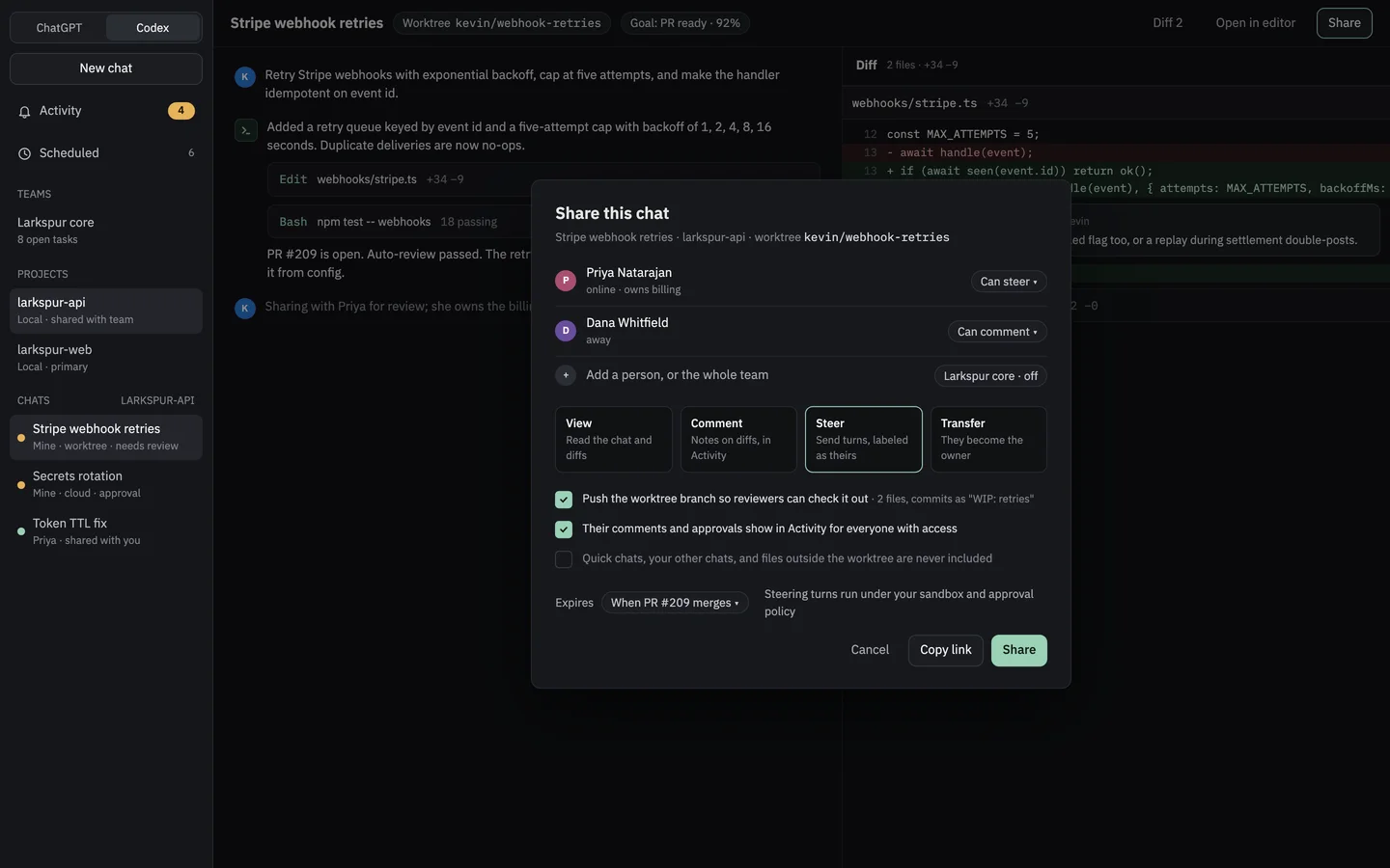 A share dialog over a Codex chat with per-person access levels, the option to push the worktree branch, and an expiry.