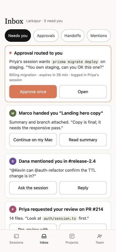 A phone screen showing the inbox with a routed approval, a handoff, a mention and a review request.