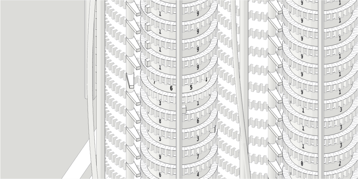 The 3D view, close up: figure wheels with forty-tooth rims and engraved digit drums, carry levers and a helical sweep, posed mid-carry.