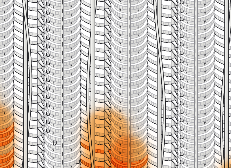 Glow mode, close up: the wheels taking a carry glow amber, with soft halos, while the rest of the column stays line-drawn.