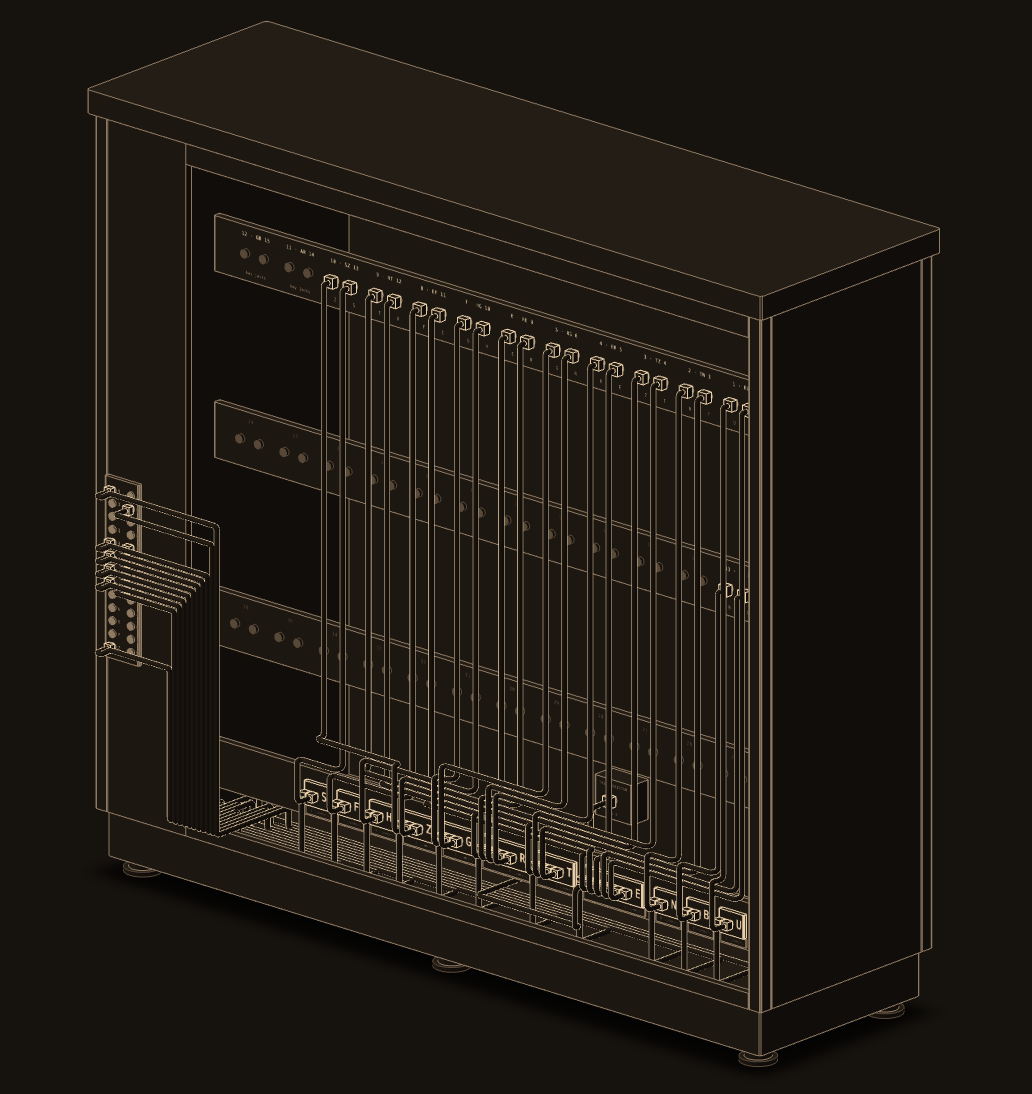 The 3D machine from behind, opened: thirteen scramblers' jacks cabled down to a rail of letter commons and on to the diagonal board.