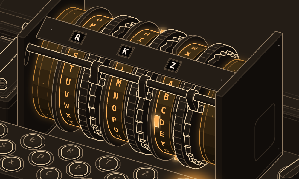 The Enigma's three rotors in glow mode, close up: the window letters R K Y on the strip, the pawls on their bar, and the alphabet tyres lit amber where the current crosses them.